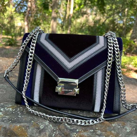 Authenticated Michael Kors Blue Black and Gray Whitney Chevron Crossbody Bag - Picture 1 of 11